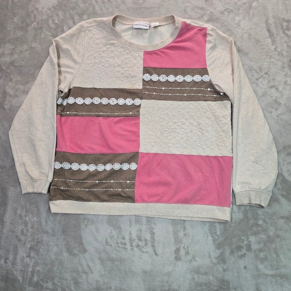 Alfred Dunner Patchwork Lace Sequin Pullover Top Beige Pink Brown Size L